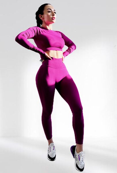 Костюм для фитнеса женский LILAFIT комплект лосины пуш ап и топ с длинным рукавом розовый размер М LFS000097 фото