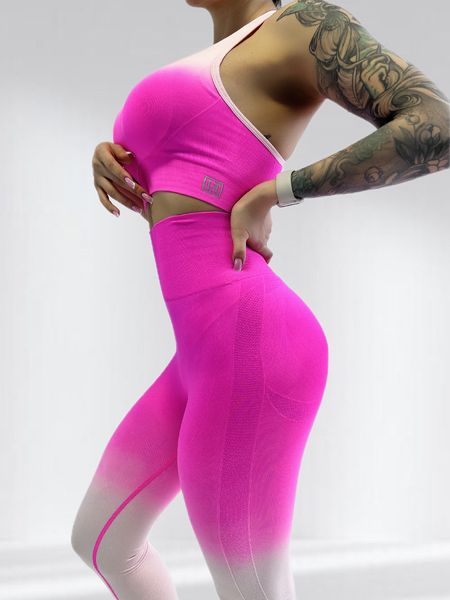 Костюм для фитнеса  женский LILAFIT комплект лосины пуш ап и топ розовый градиент размер М LFS000026 фото